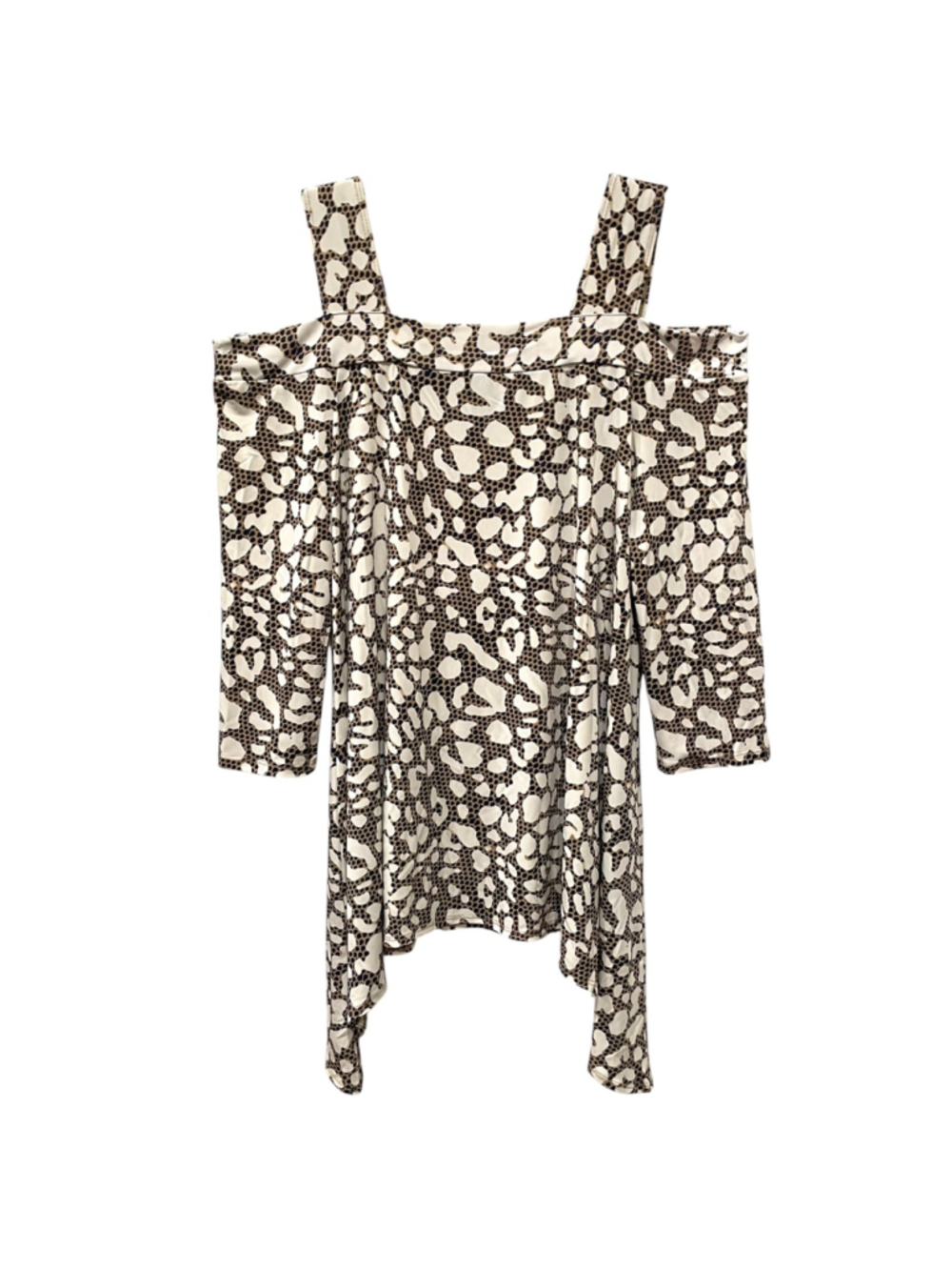 Women's Size Large Clara Sun Woo Cold Shoulder Top Animal Print Navy Beige